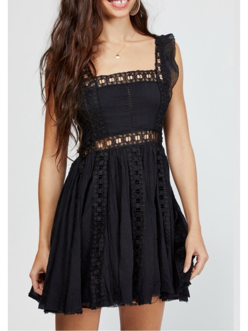 Free People Black Lace-Trim Mini Dress